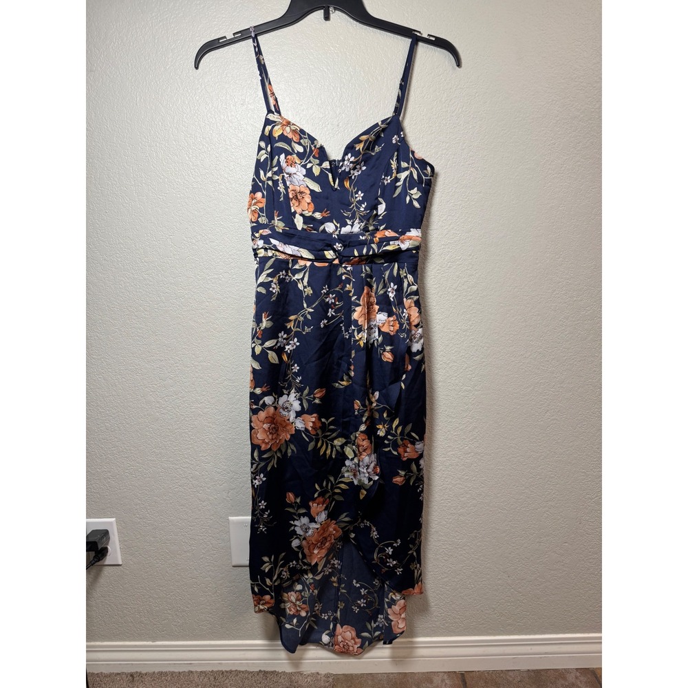 Lulus Navy Blue Floral Satin High Low Midi Dress Small Orange Botanical V-Neck